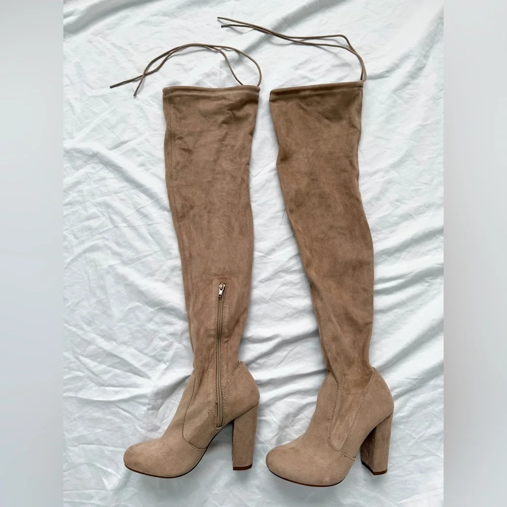 So Much Yes Light Nude Faux Suede Over the Knee Boots | Size 6 | Great Condition